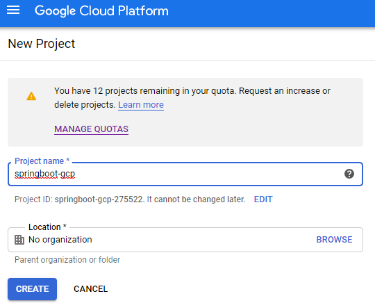 Google Cloud Platform - ekran zakładania nowego projektu.